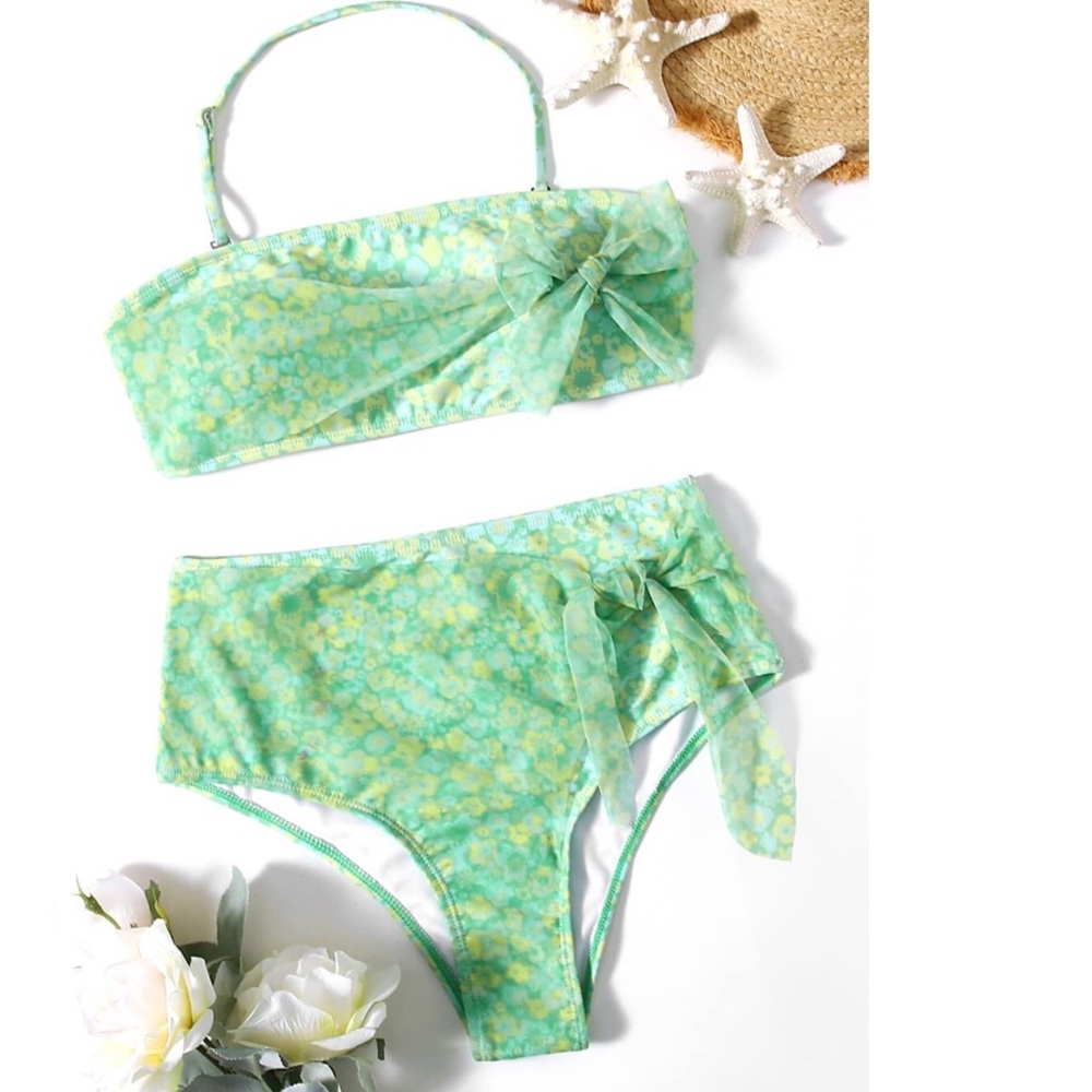 ROMWE Green Floral High-Waist Bandeau Bikini Set